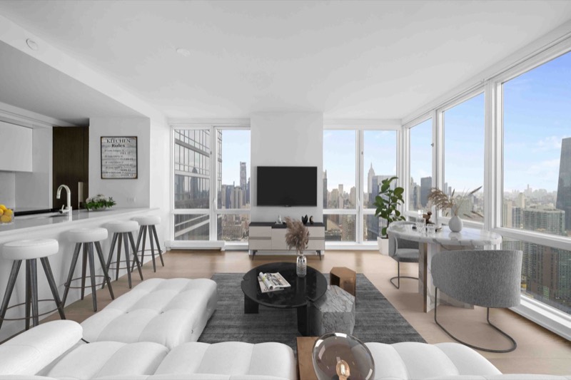 Open kitchen, living and dining room in apartment 62M at Sky